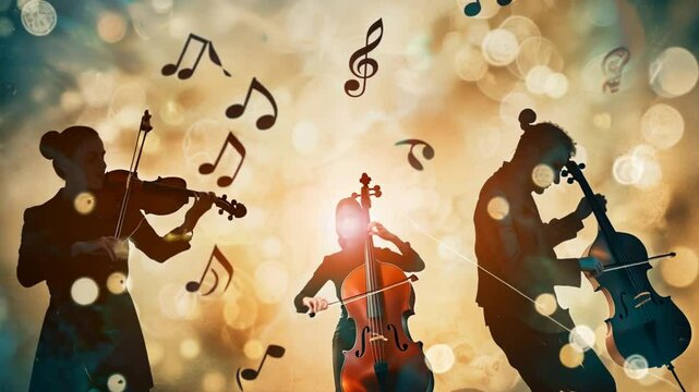 String Quartet Silhouette: A captivating silhouette of a string quartet performing under a shower of music notes, their passion and artistry radiating through the ethereal background.
