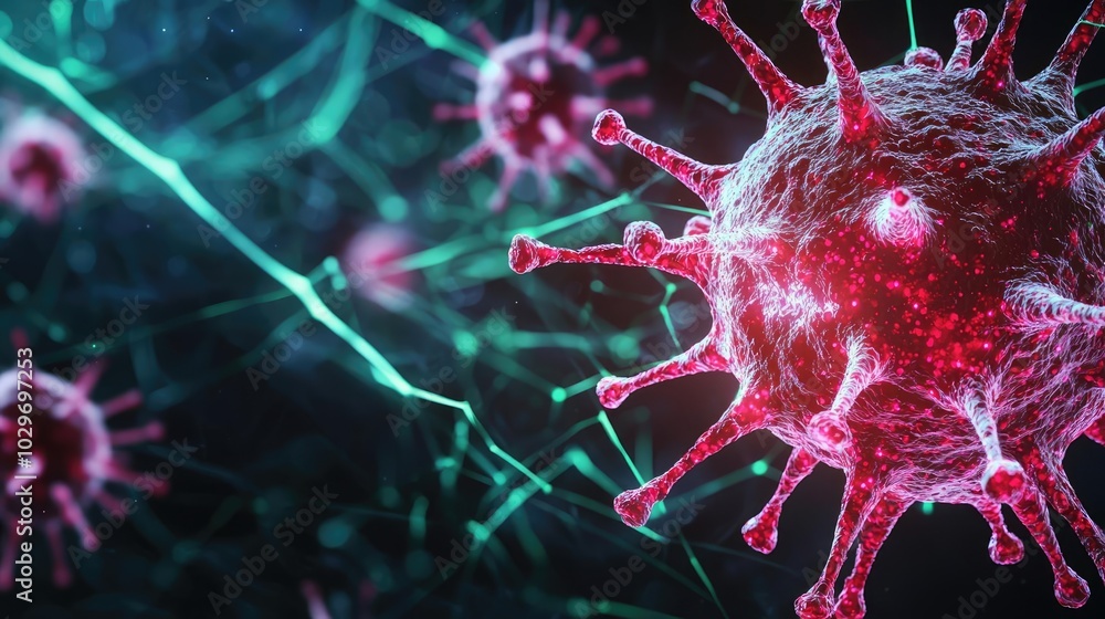 Poster close-up of viruses with intricate details on a dark background.