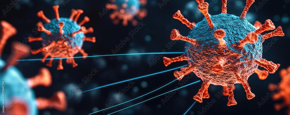 Poster microscopic view of virus particles isolated on a dark background.