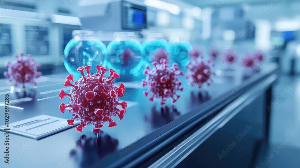 Poster Virus models on a laboratory table with transparent research containers.