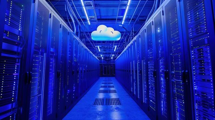 Cloud Transformation: Blue Cloud Centered in a Server Room Surrounded by Technology