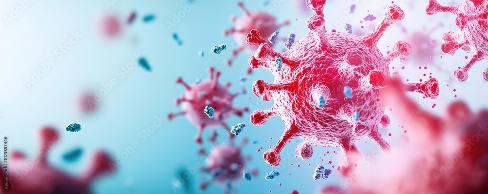 Poster Microscopic view of colorful viral particles on a soft gradient background.