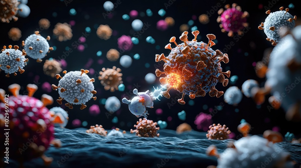 Poster Detailed 3D rendering of viruses in a microscopic view, dark background.