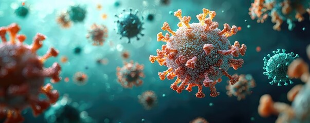 Abstract representation of virus particles under scientific view, colorful details.