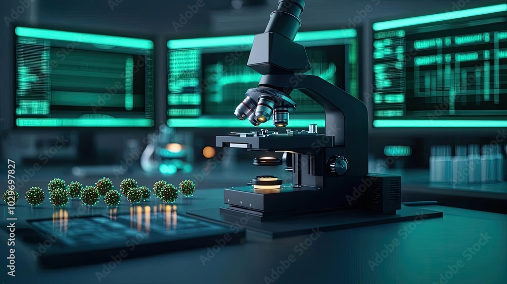 Poster Microscope analyzing samples in a high-tech lab environment with digital screens.
