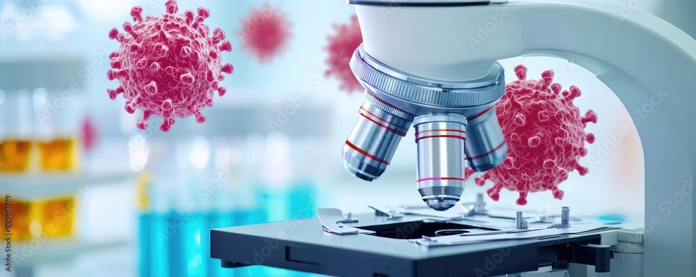 Poster Microscope with colorful virus models in laboratory setting, white isolate background