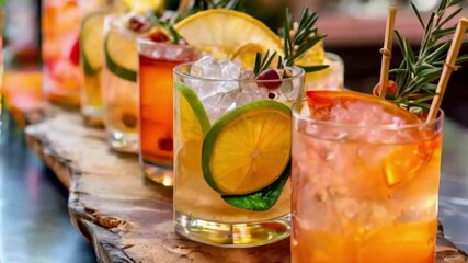 Refreshing cocktails with lime and lemon served at the bar