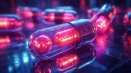 Close-up of detailed metal capsules, glowing neon on a glassy surface in a sleek, futuristic medical laboratory setting
