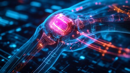 Detailed knee X-ray with holographic medical interface, neon rings highlighting the joint, futuristic treatment, sci-fi, glowing digital elements, 3D illustration