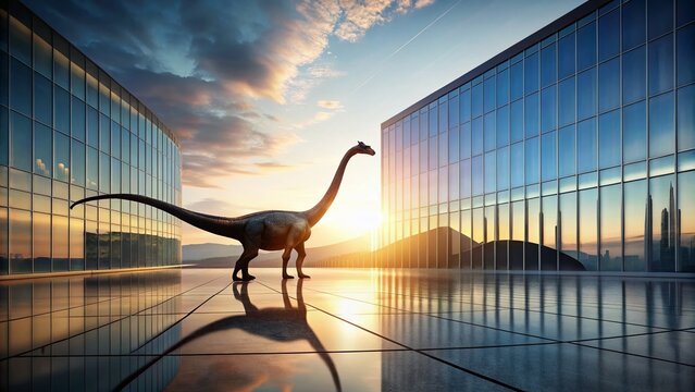 Architectural Photography of Omeisaurus Dinosaur Silhouette with Modern Structures Background for Creative Design and