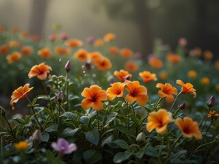 Obraz premium A vibrant display of orange and purple flowers bloom in a soft natural light