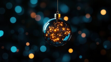 Obraz premium Beautiful glass ornament with glowing lights suspended in a dark background