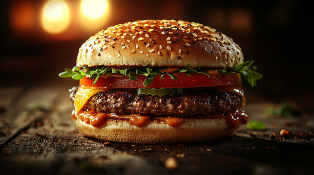 juicy burger sits on table, with vibrant toppings peeking out. The empty caption space invites creativity, symbolizing indulgence and satisfaction