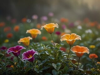 Obraz premium A vibrant display of orange and purple flowers bloom in a soft natural light