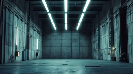 Obraz premium Empty industrial warehouse with bright fluorescent lighting showcasing vast, open space and concrete walls