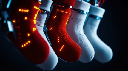 Colorful Christmas stockings with LED lights on a dark background.