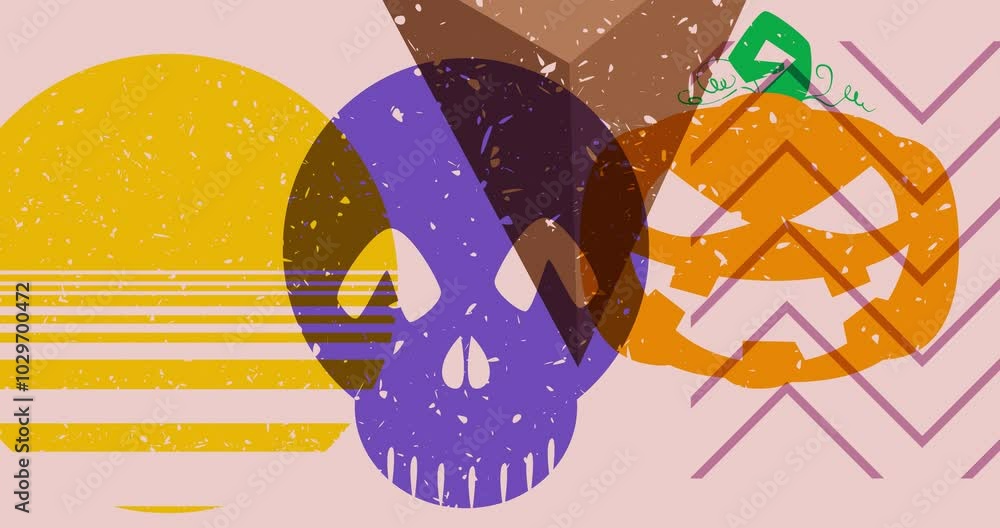 Poster risograph jack o' lantern and skull with geometric shapes animation. halloween moving object in tren