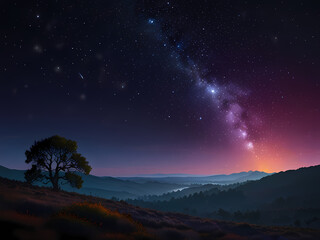 Fototapeta premium A serene and breathtaking digital artwork depicting a comet disappearing into the horizon of a vibrant, starry universe, set against a deep blue and purple gradient background that transitions