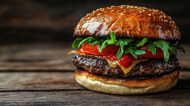 juicy burger sits on table, with vibrant toppings peeking out. The empty caption space invites creativity, symbolizing indulgence and satisfaction