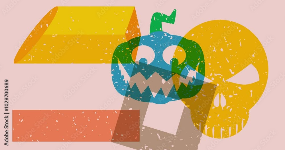 Poster risograph jack o' lantern and skull with geometric shapes animation. halloween moving object in tren