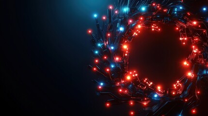 Colorful holiday lights forming a circular shape on a dark background.