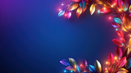 Colorful leaves with lights on a dark blue background, perfect for festive occasions.