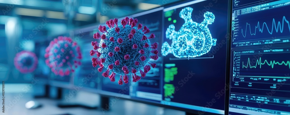 Aufkleber Microscopic view of virus models on screens in a modern lab environment.