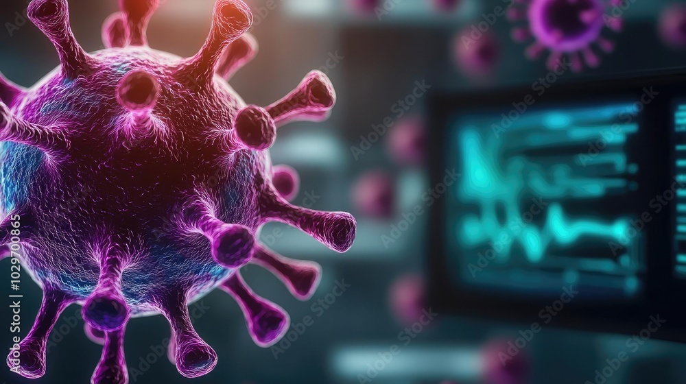 Poster Virus model with digital data visualization, isolated on white background.