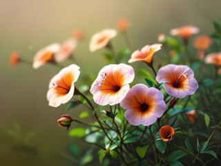 Fototapeta premium A vibrant display of orange and purple flowers bloom in a soft natural light