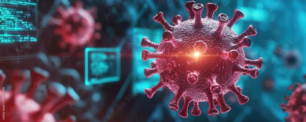 Poster 3d rendering of a virus illustration in vibrant colors, isolated on a dark background.