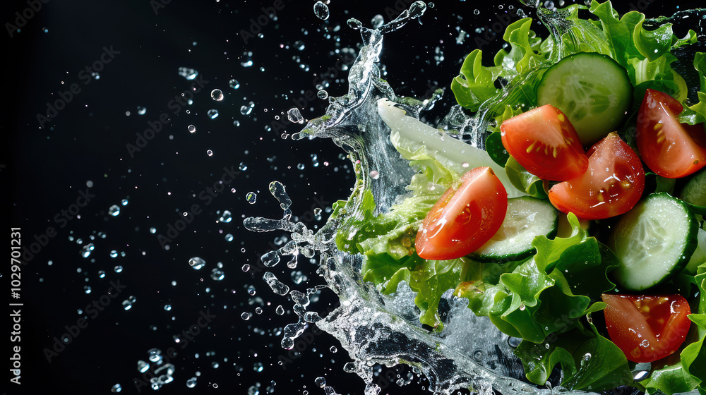 Poster fresh salad with tomatoes and cucumbers splashing in water, creating vibrant and refreshing scene. d