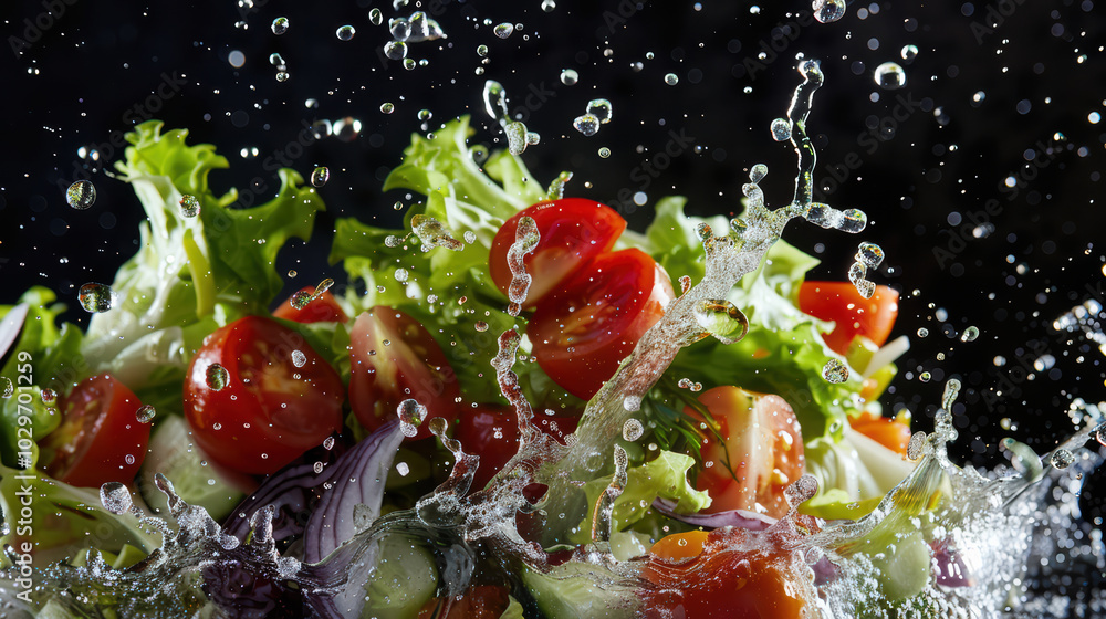 Aufkleber fresh salad splashing with water droplets, featuring vibrant tomatoes and crisp lettuce, creating re