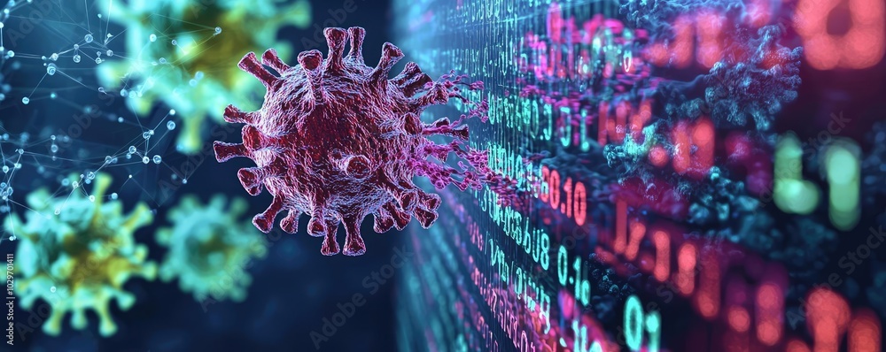 Poster digital illustration of virus interacting with binary data background.