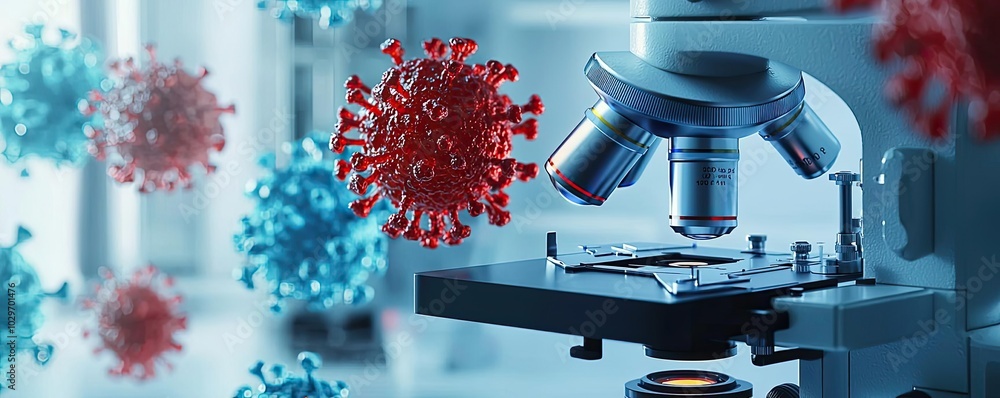 Poster microscope with virus model in lab, blurred background.