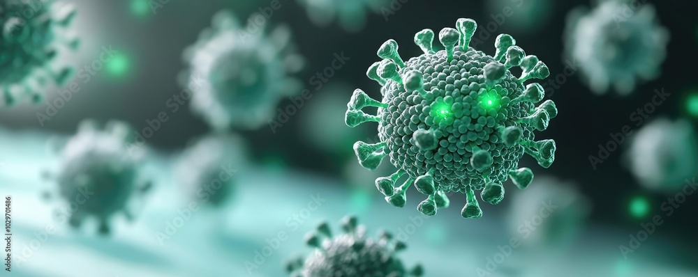 Poster 3D rendering of viruses with glowing details on a soft background.