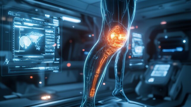 Digital med-tech visual of a knee with osteoarthritis, enhanced with neon implants, holographic diagnostics floating in a sleek, futuristic medical bay