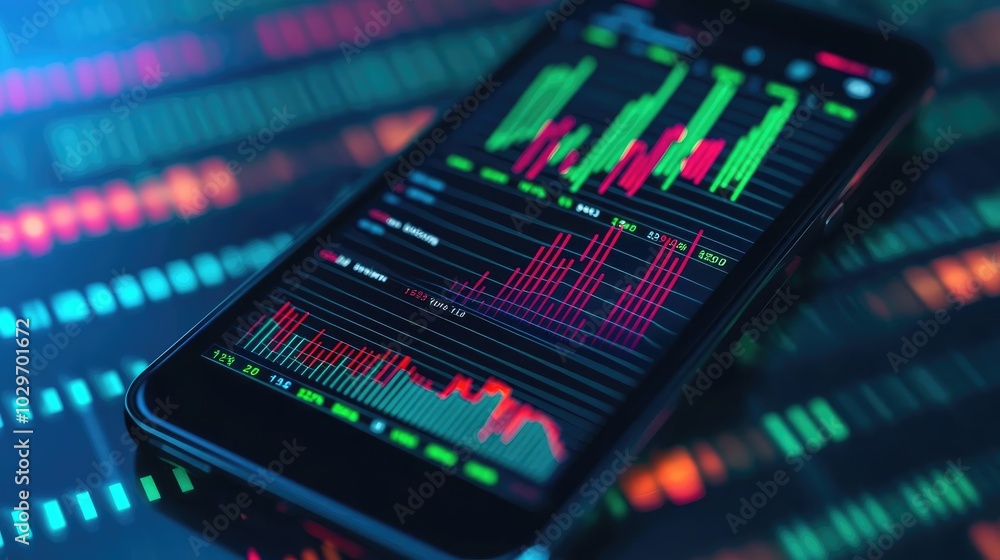 Aufkleber smartphone displaying stock market data with colorful graphs.