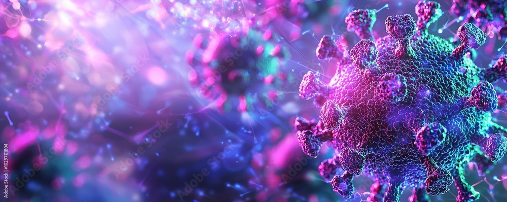 Poster colorful microscopic view of virus particles in a vibrant background.