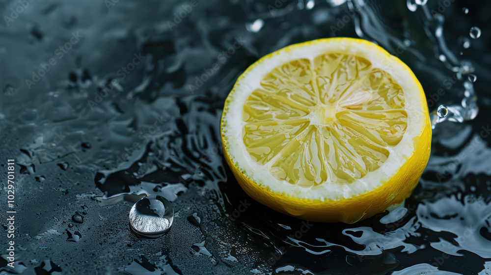 Poster fresh lemon slice resting on dark surface, surrounded by splashes of water, creating refreshing and 