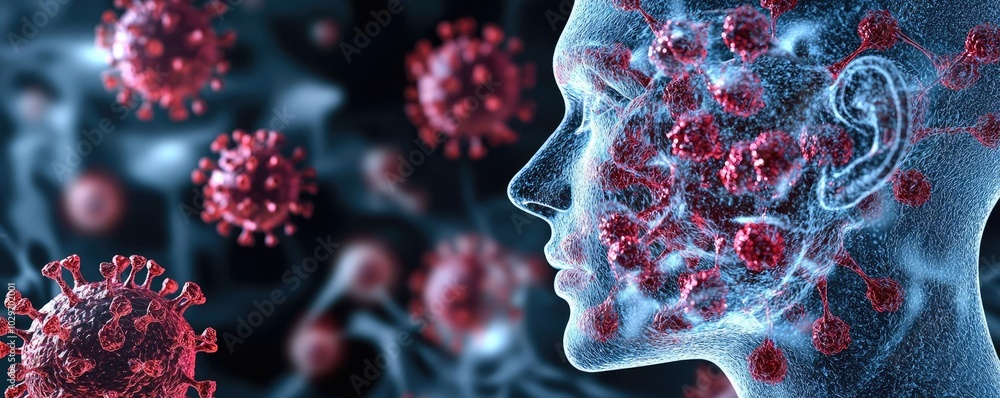 Poster human head silhouette with floating virus particles in abstract design.