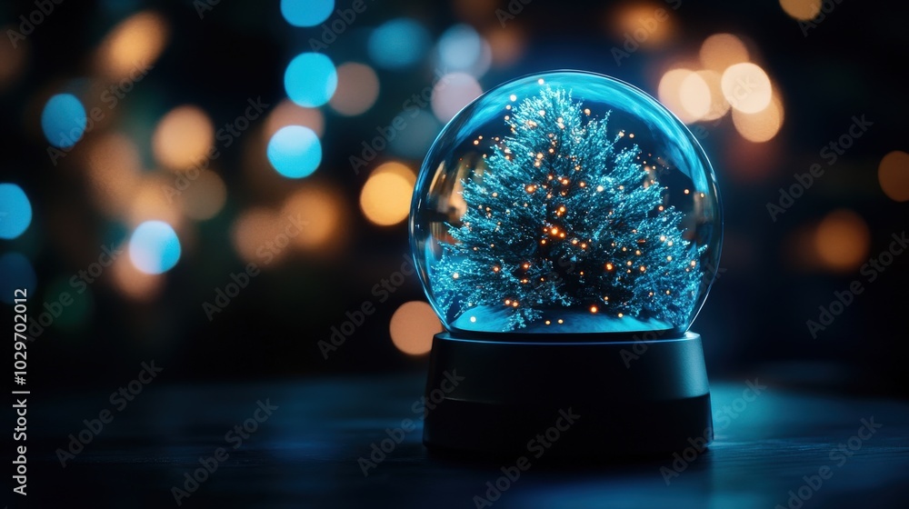 Wall mural Festive snow globe with a Christmas tree against a blurred background of lights.