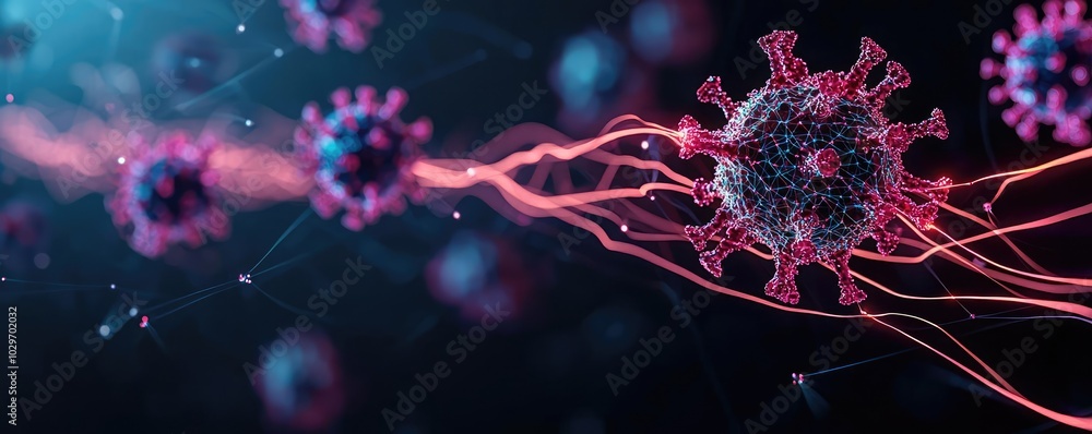 Poster Close-up of a virus particle with vibrant colors and dynamic energy lines.
