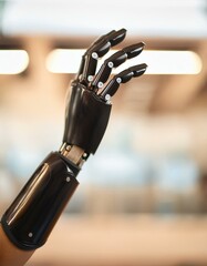 Detailed view of a prosthetic arm in action, designed for full mobility. A symbol of how medical technology enhances human capabilities and independence.
