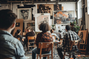 Fototapeta premium Adult people attend painting and Creative Art Class interior with canvas. Drawing workshop. Activities for adults to develop new artistic skills and relieve stress 