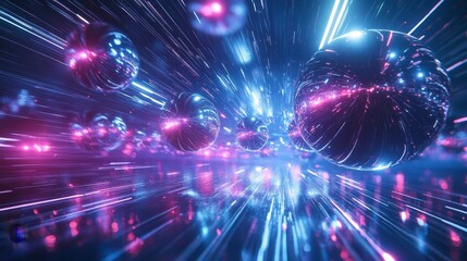 Obraz premium Floating capsules with chrome surfaces, glistening under futuristic blue and purple light beams, hovering above a vast digital grid, data projections flickering around them