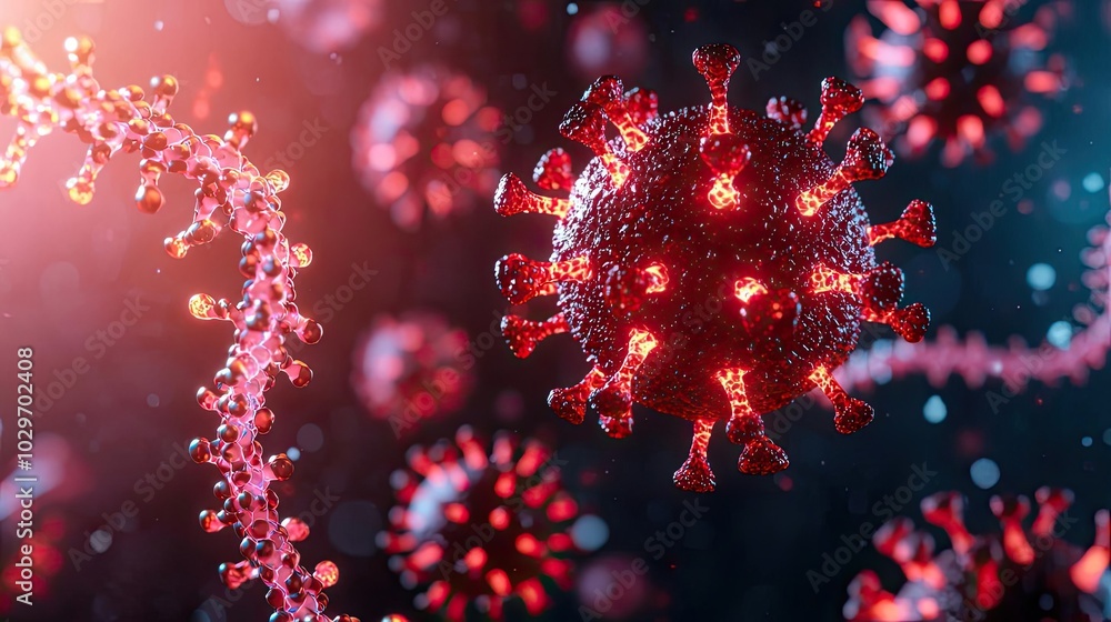 Poster Microscopic view of a virus with vibrant colors and complex structures on a dark background.