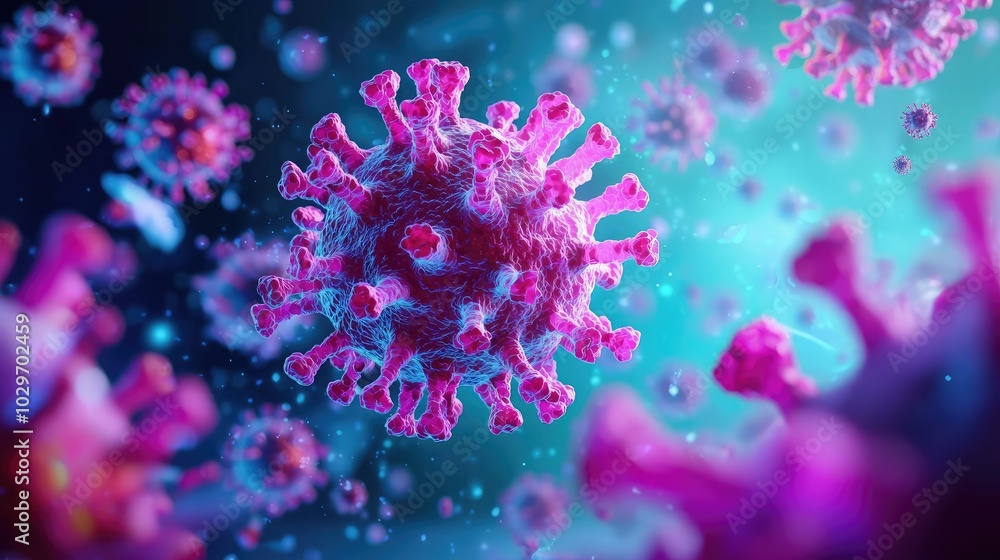 Poster colorful visualization of virus particles on a dark background.