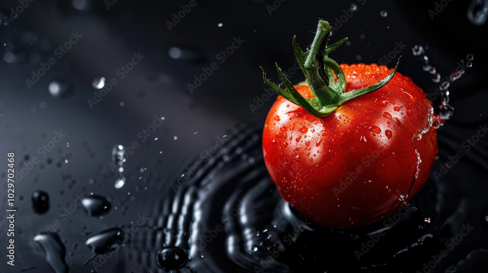 Poster fresh red tomato splashing in water, creating dynamic droplets and ripples. vibrant color contrasts 