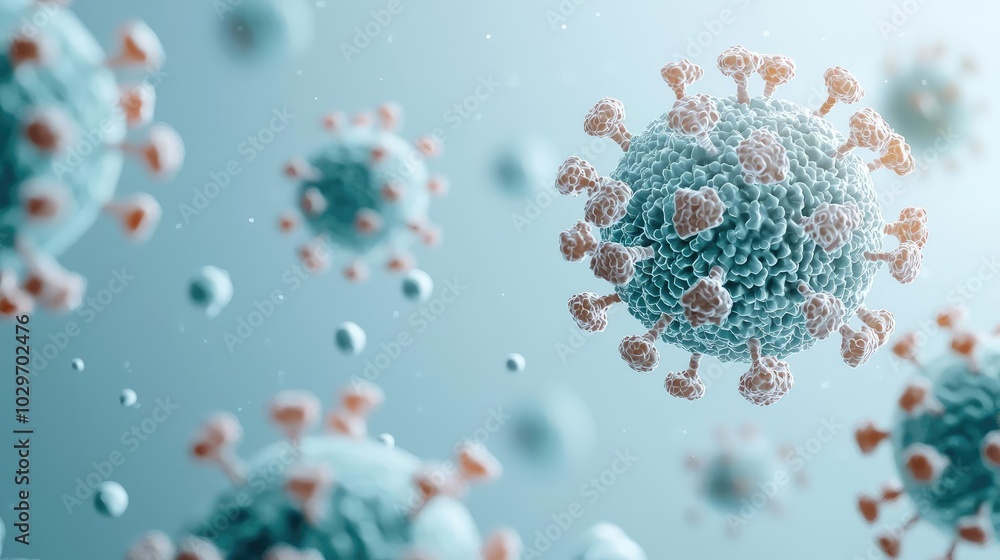 Poster close-up view of virus particles on a scientific background.