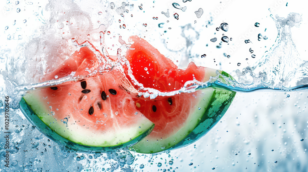 Poster fresh watermelon slices splash into clear water, creating refreshing scene filled with droplets and 